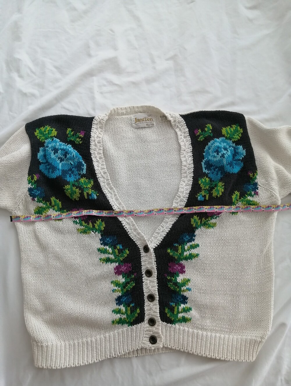 Vintage 90s Jantzen Rose Floral Knit Button Cardigan Cream Colourblock XL - Picture 14 of 17